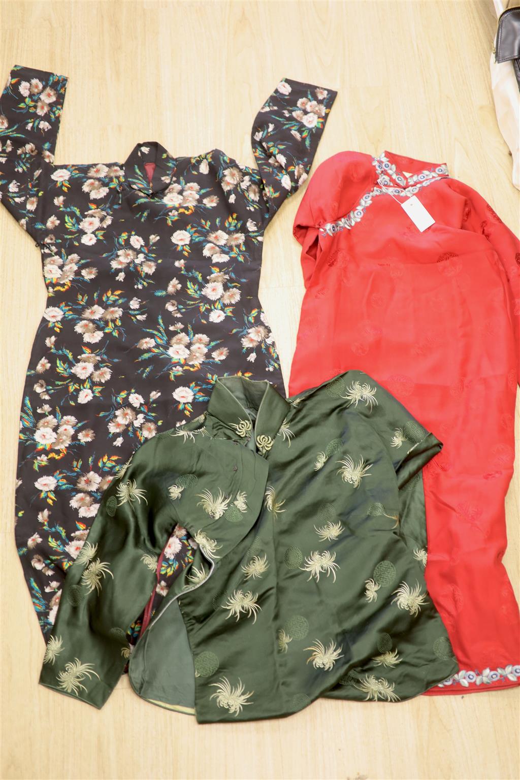 A red silk damask Chinese robe (altered), a 1950s jacket and a cotton dress